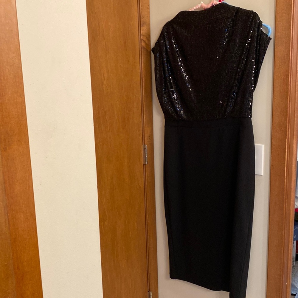 Sequined draped mock neck midi sheeth dress